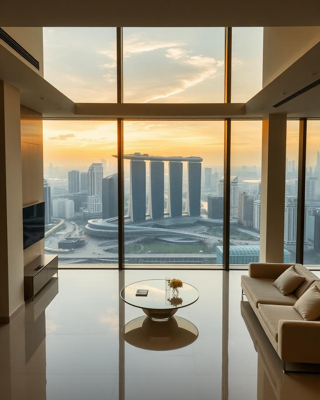 Singapore penthouse with Marina Bay Sands skyline view at golden hour